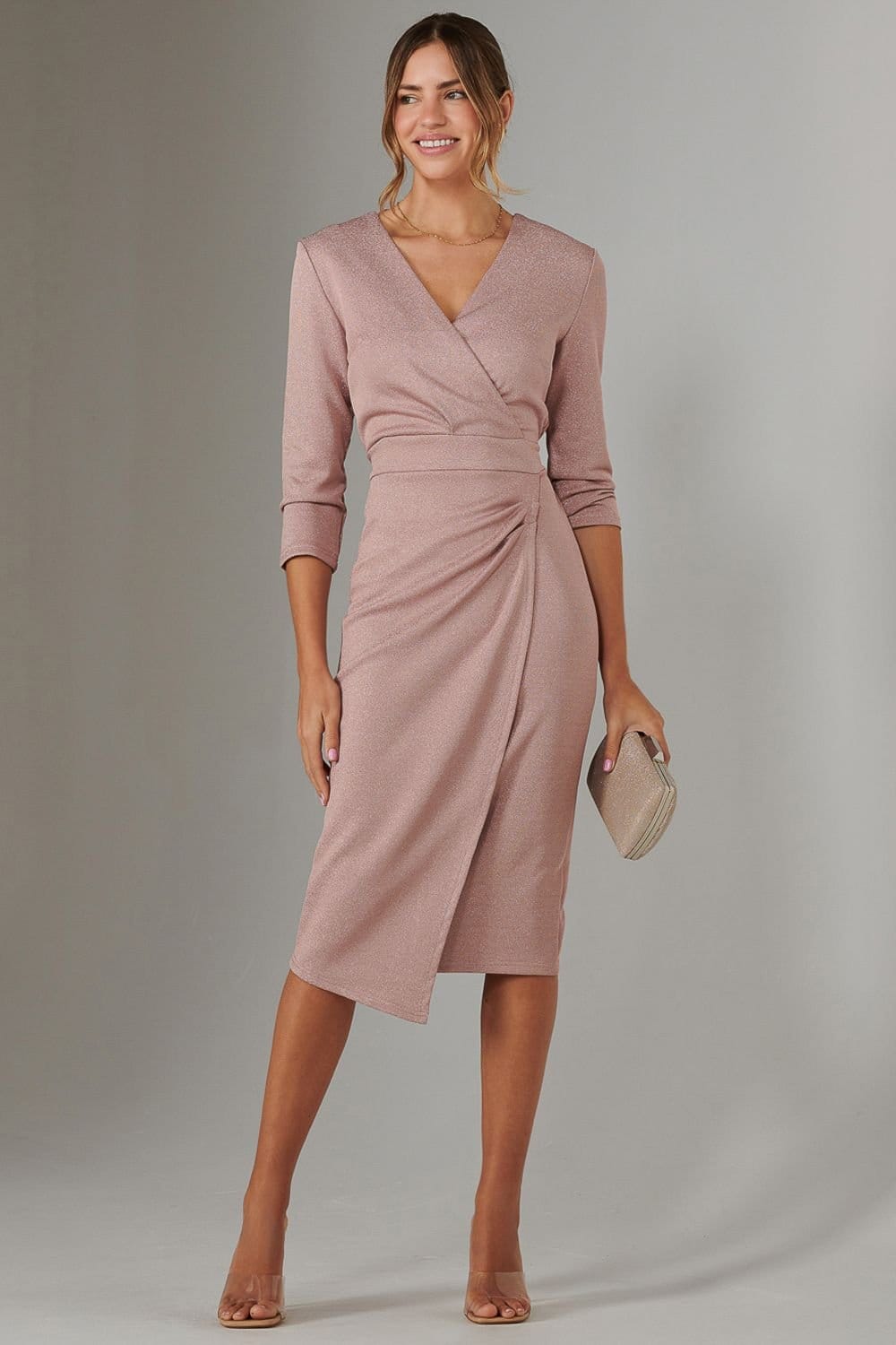 Jolie Moi Jolie Moi Women's Metallic Wrap Bodycon Dress in Pink - 4