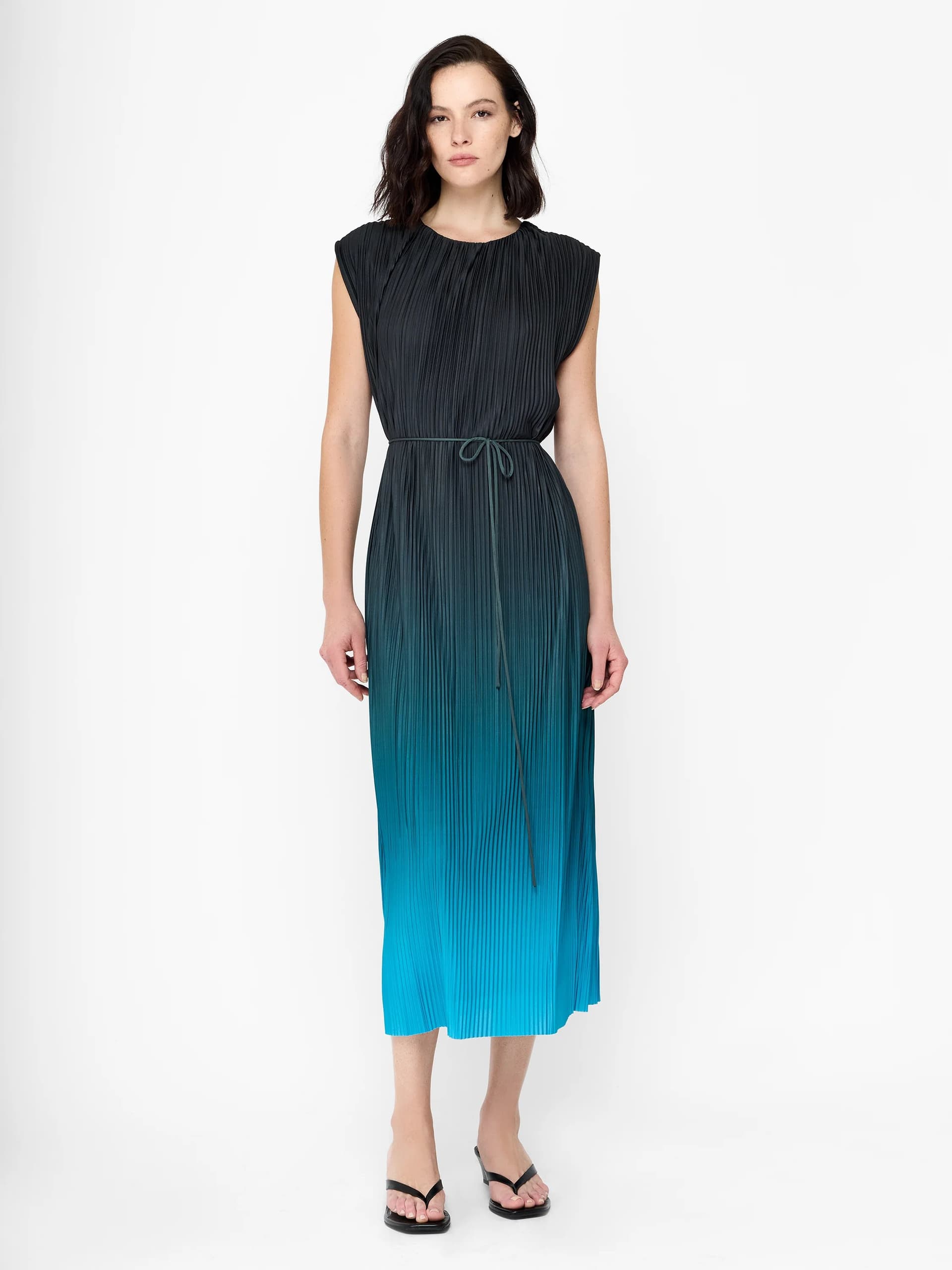 French Connection Xena Pleated Blue Ombre Column Midi Dress Graphite Grey/Pacific Blue