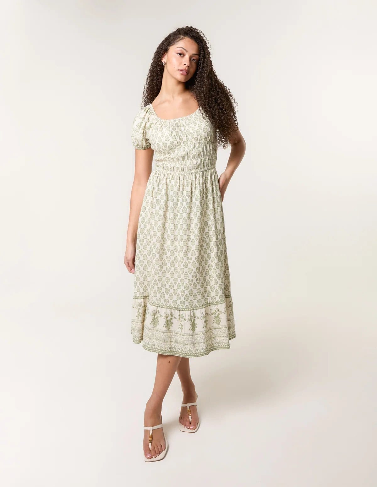 Border Print Puff Sleeve Midi Dress