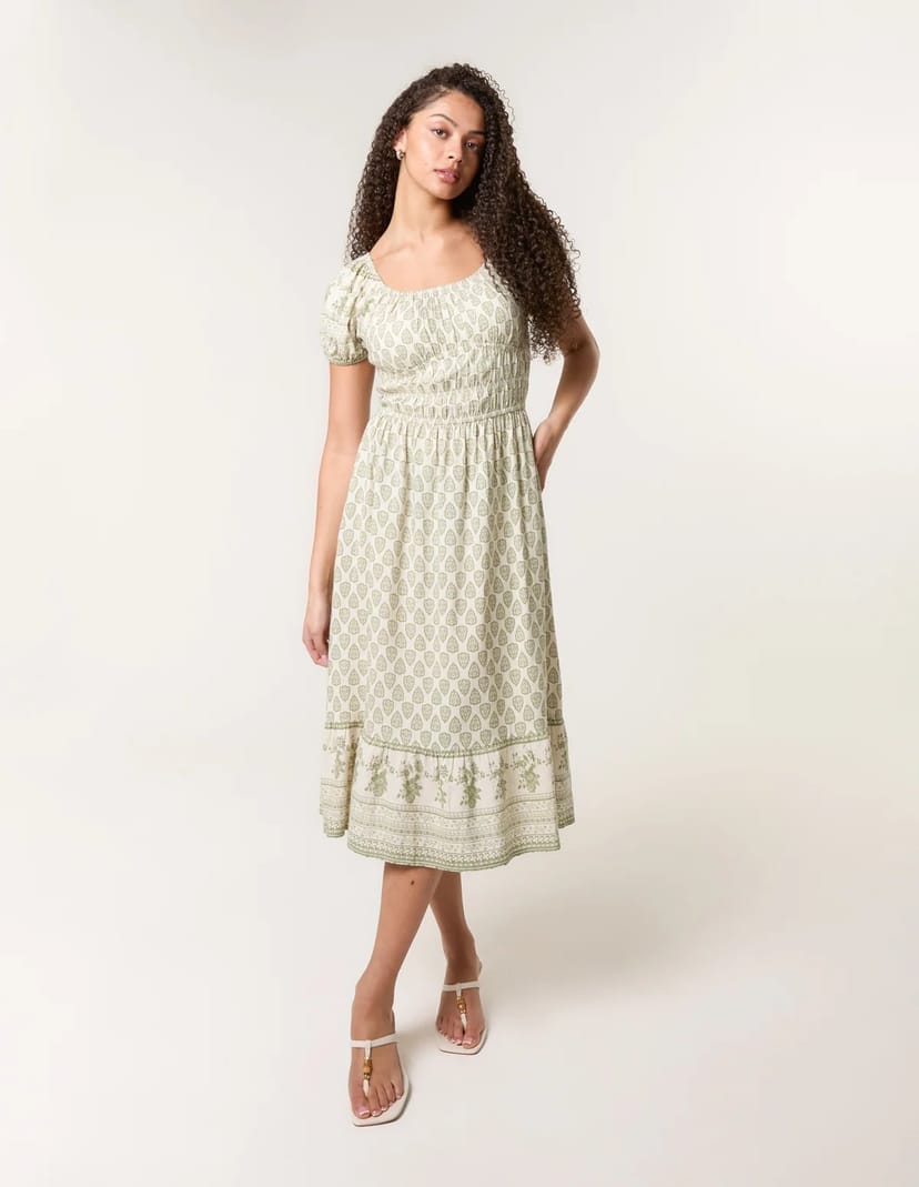 Blue Vanilla Border Print Puff Sleeve Midi Dress - 1
