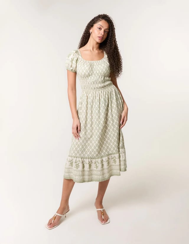 Blue Vanilla Border Print Puff Sleeve Midi Dress - 3
