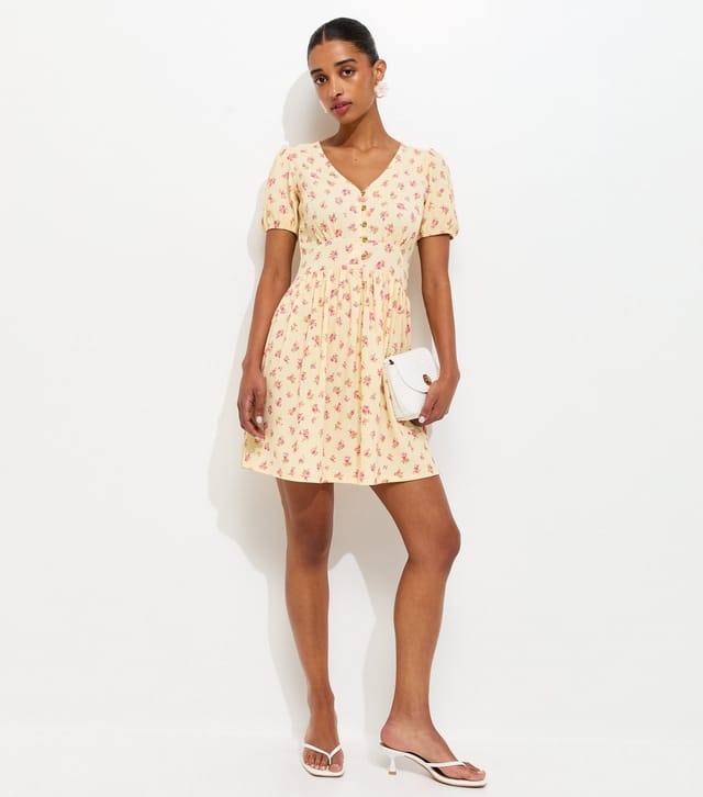 New Look Women's Light Yellow Crinkle Ditsy Short Sleeve Mini Dress New Look - 3