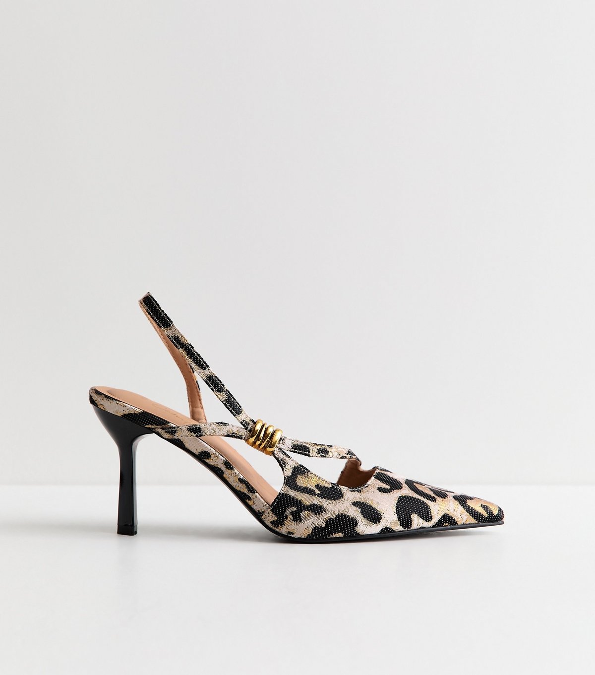 New Look Women's Stone Leopard Print Asymmetric Strap Metal Detail Slingback Court Shoes Vegan New Look - 2