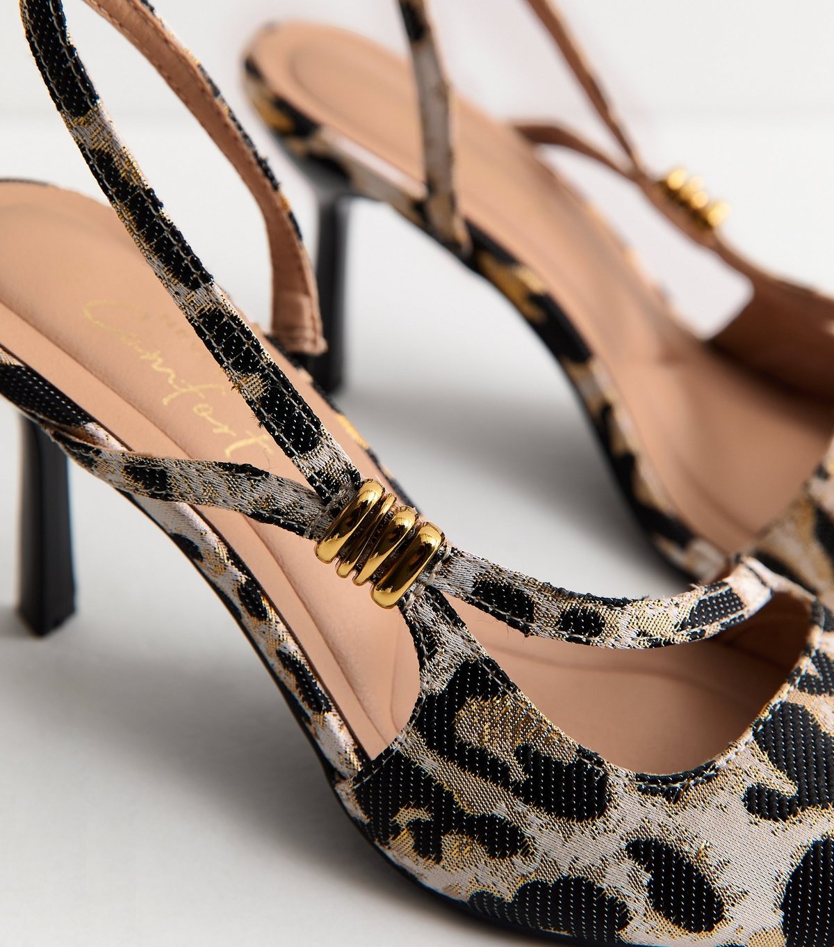 New Look Women's Stone Leopard Print Asymmetric Strap Metal Detail Slingback Court Shoes Vegan New Look - 3