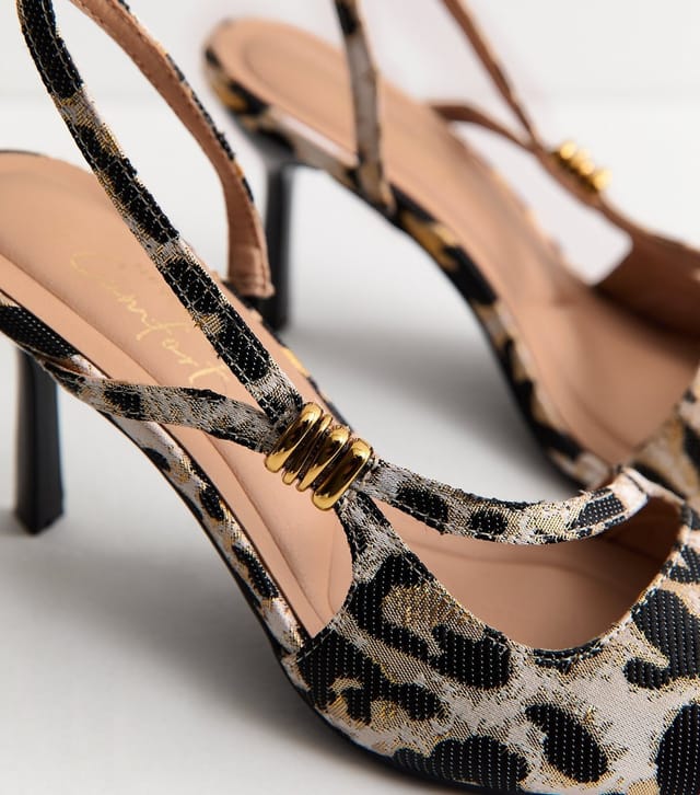 New Look Women's Stone Leopard Print Asymmetric Strap Metal Detail Slingback Court Shoes Vegan New Look - 3