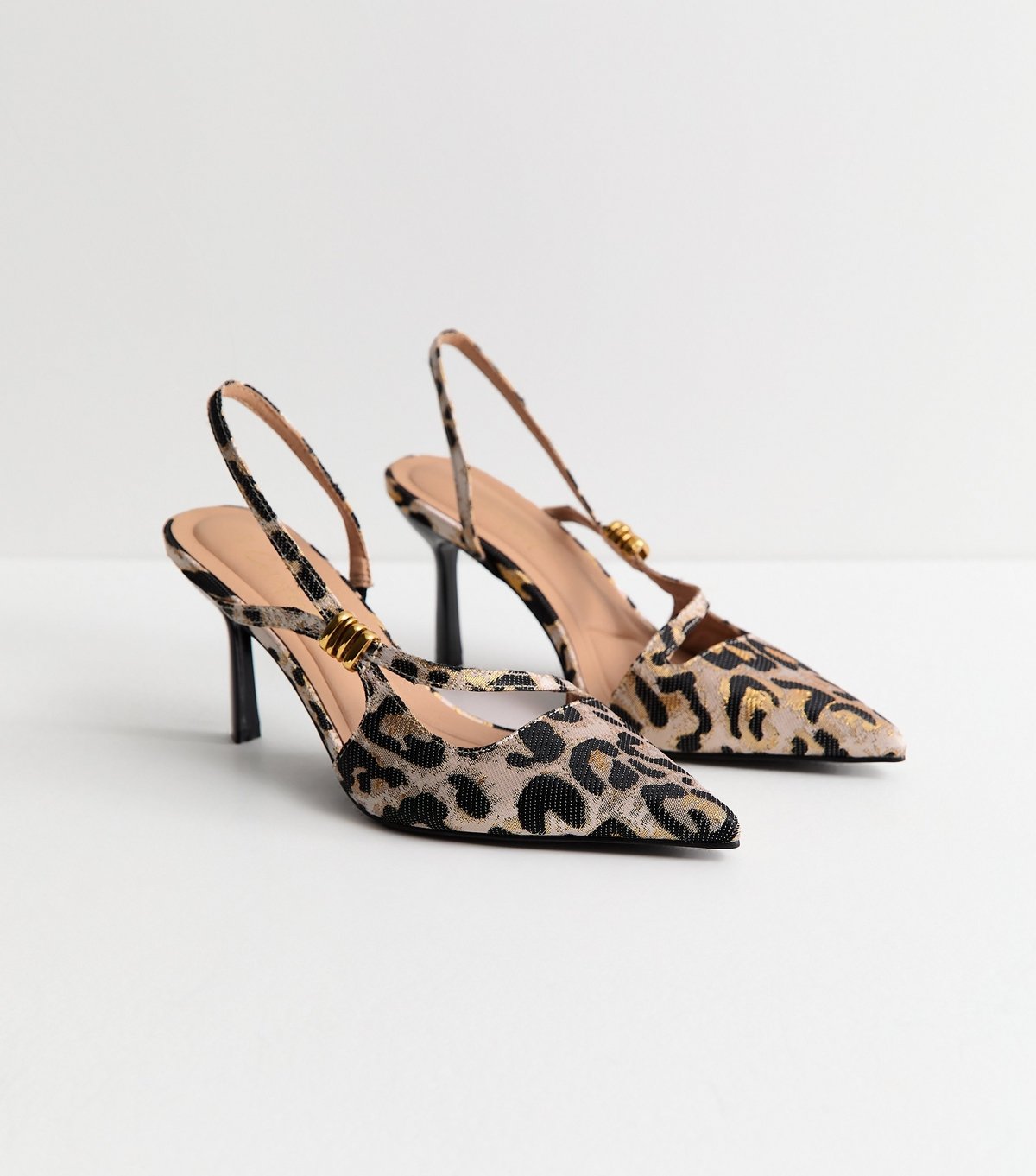 New Look Women's Stone Leopard Print Asymmetric Strap Metal Detail Slingback Court Shoes Vegan New Look - 4