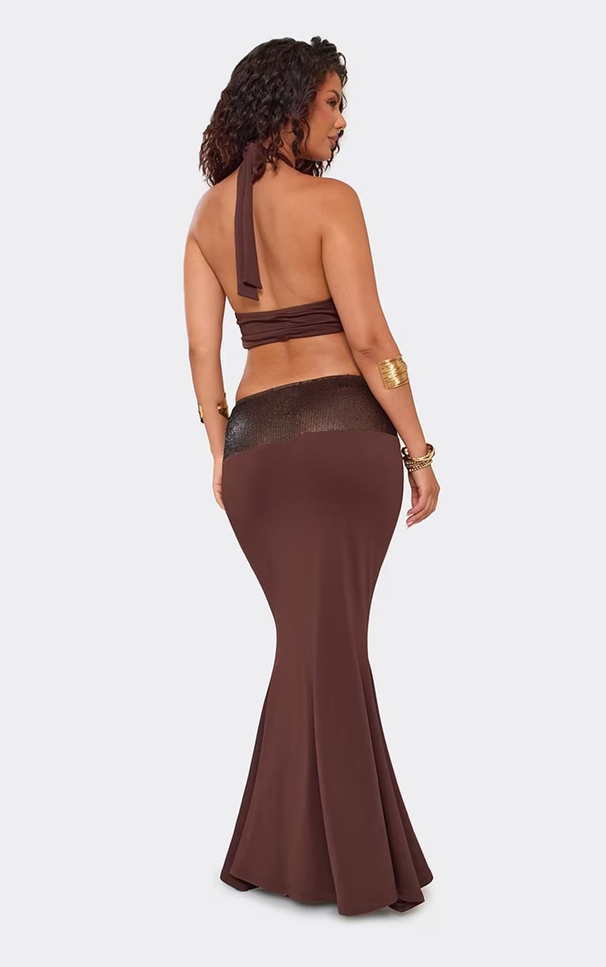 EGO Halterneck Trim Detail Contrast Sequin Panel Cut Out Maxi Dress In Brown, Women's Size UK 6
