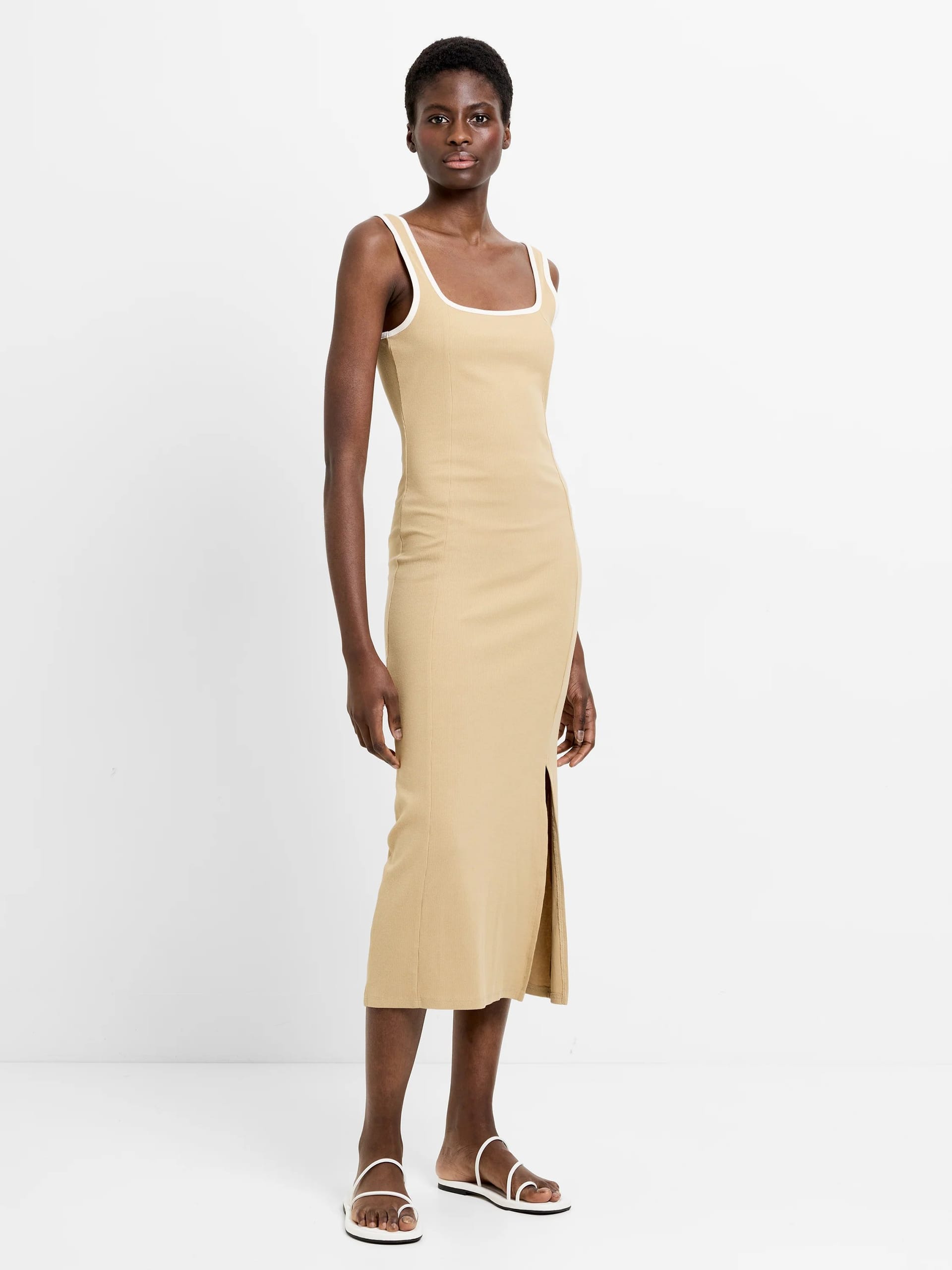 French Connection Beige Square Neck Contrast Midi Dress