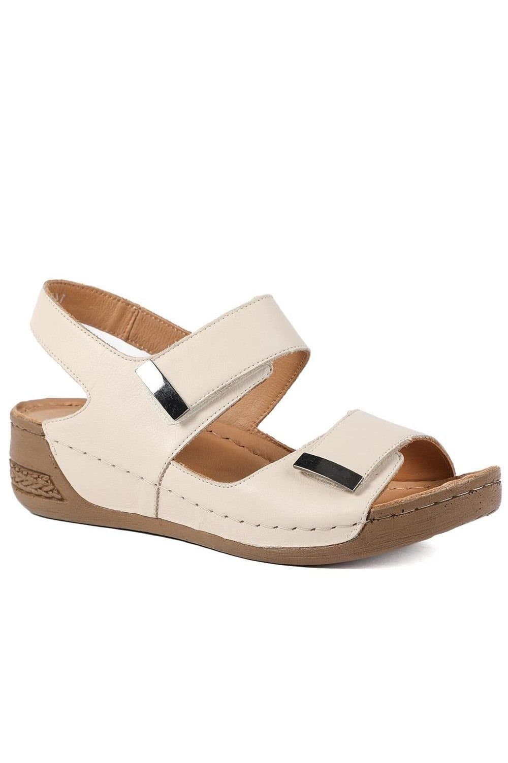 Pavers Pavers Women's Leather Touch Fasten Wedge Sandals in Beige