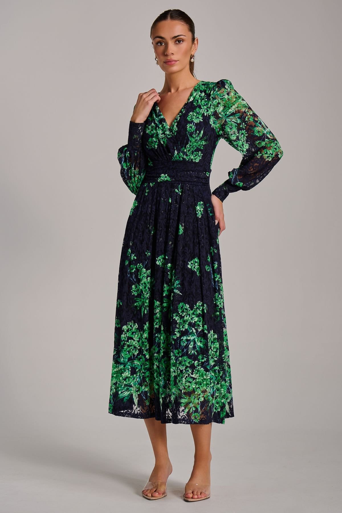 Jolie Moi Jolie Moi Women's Long Sleeve Print Lace Maxi Dress in Dark Navy - 4