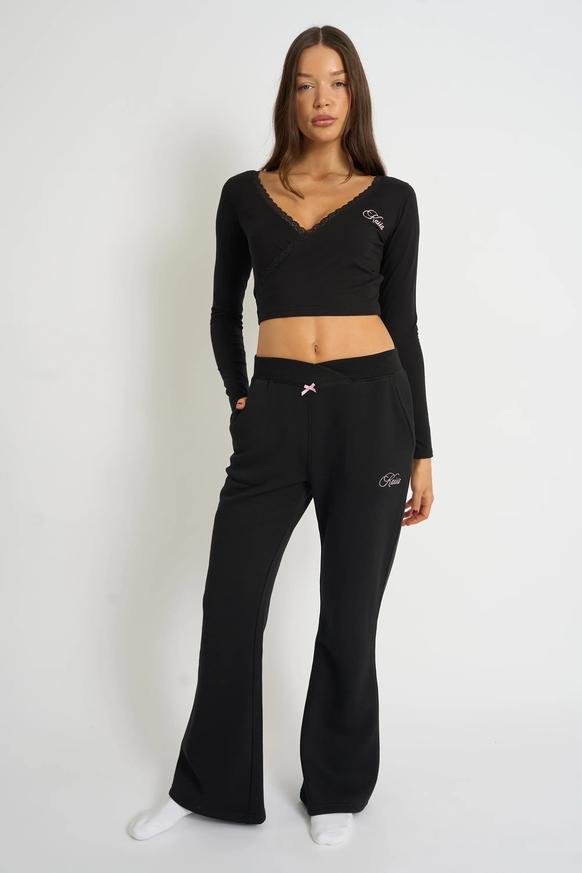Kaiia Black & Pink Bow Detail Wide Leg Joggers