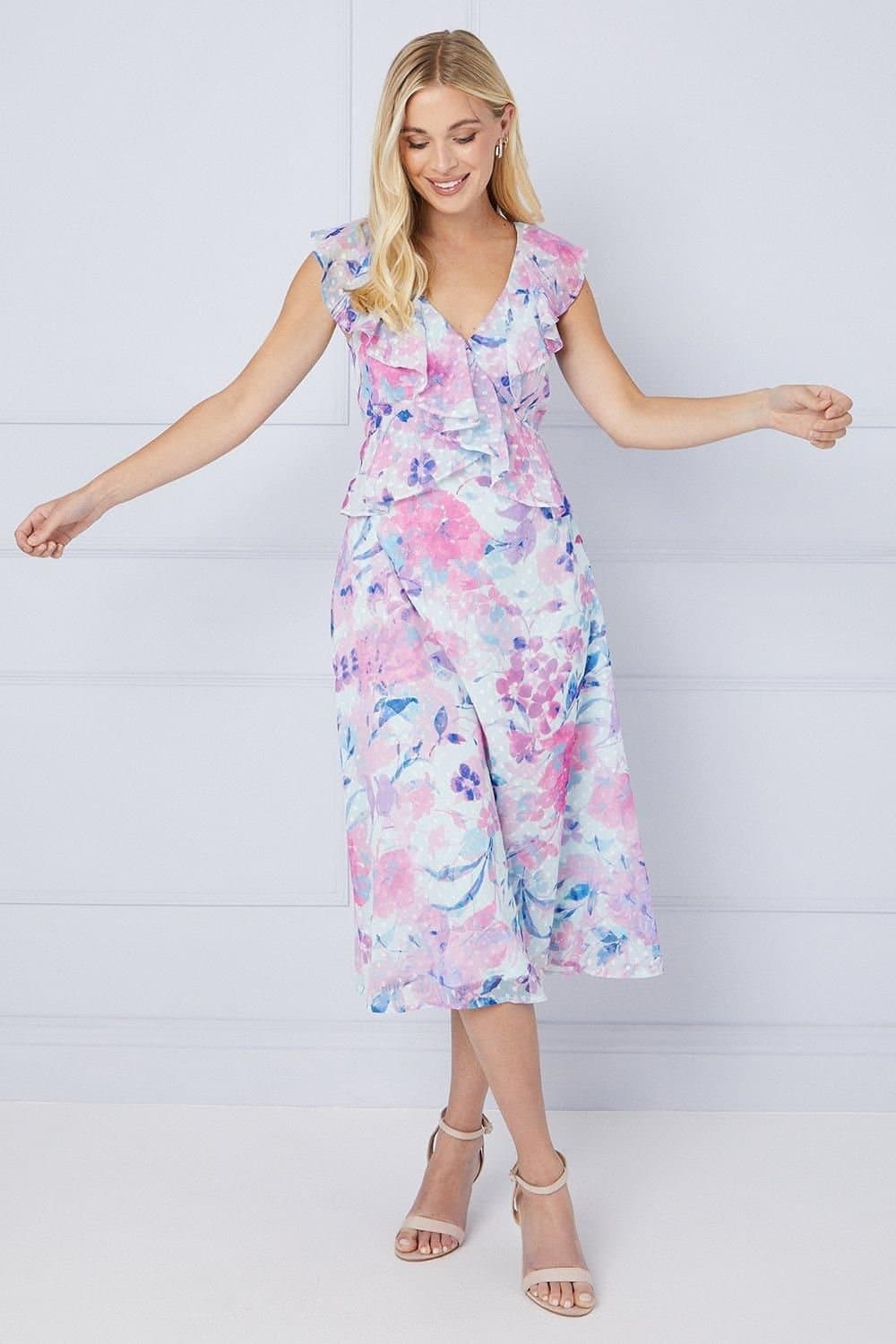 Wallis Wallis Women's Petite Floral Dobby Ruffle Midi Dress in Lilac