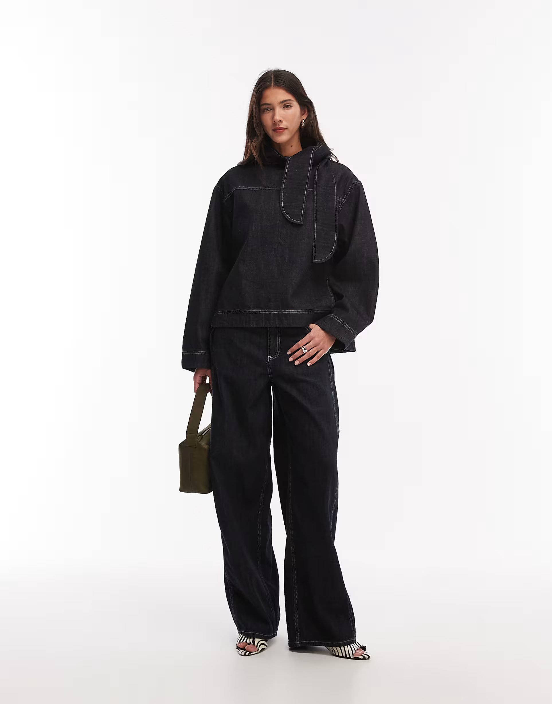 ASOS Mango Sila denim neck tie blouse & jean co-ord in black wash - 1