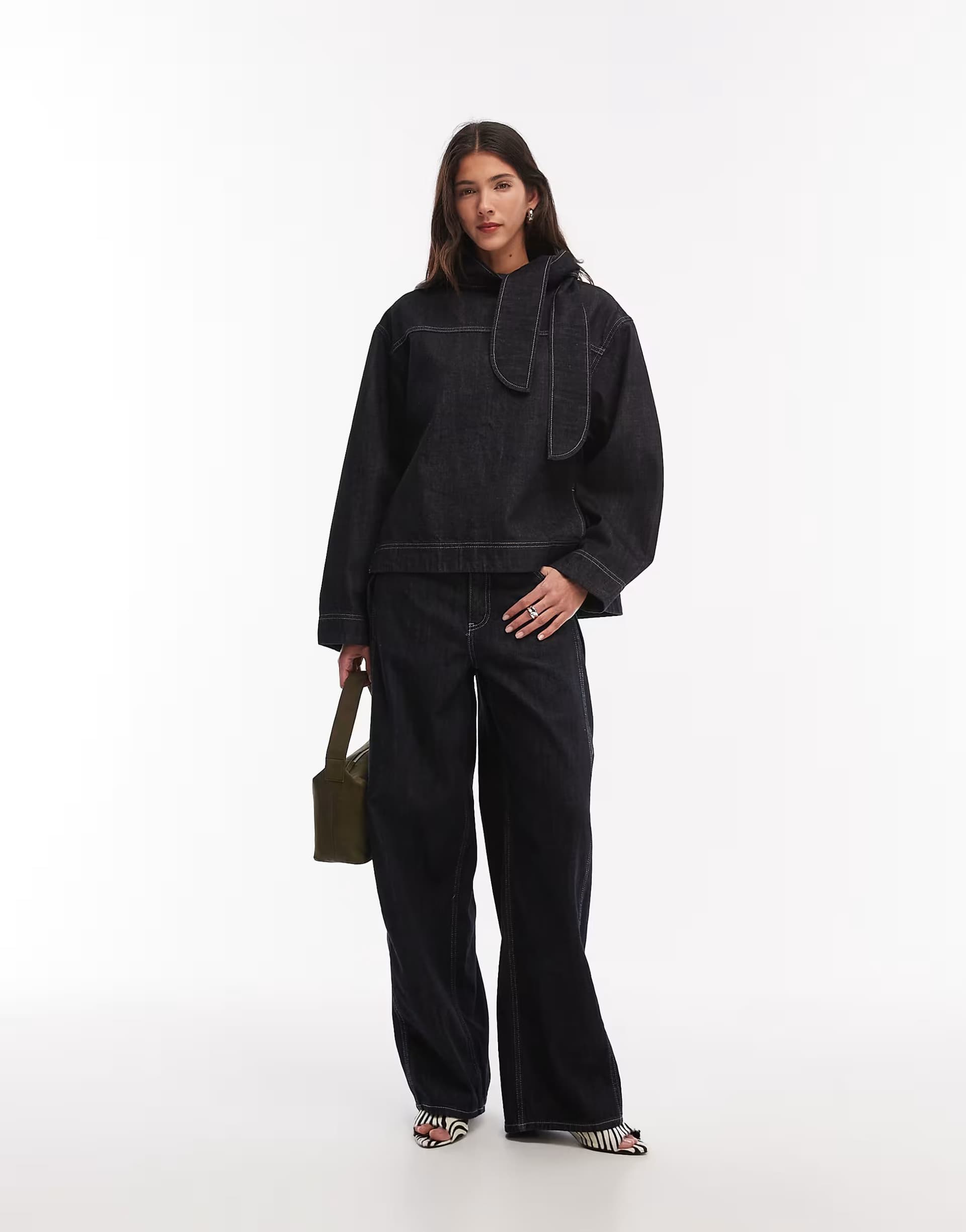 ASOS Mango Sila denim neck tie blouse & jean co-ord in black wash