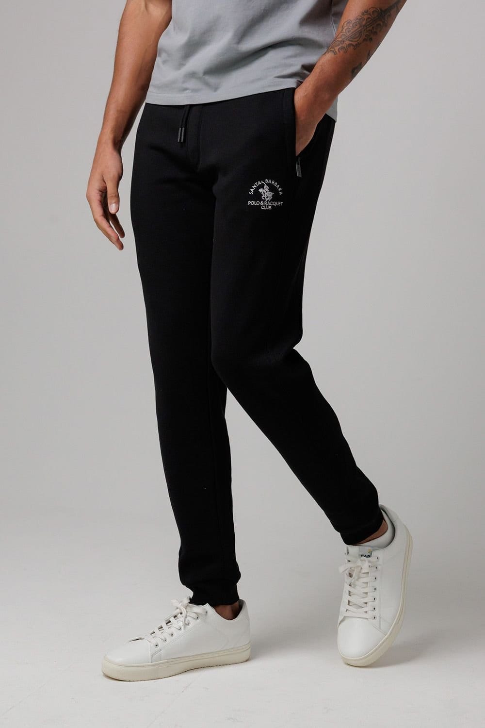 Santa Barbara Polo & Racquet Club Santa Barbara Polo & Racquet Club Men's Cotton Rich Joggers with Ribbed Side Panels & Drawstring Waist in Black - 1