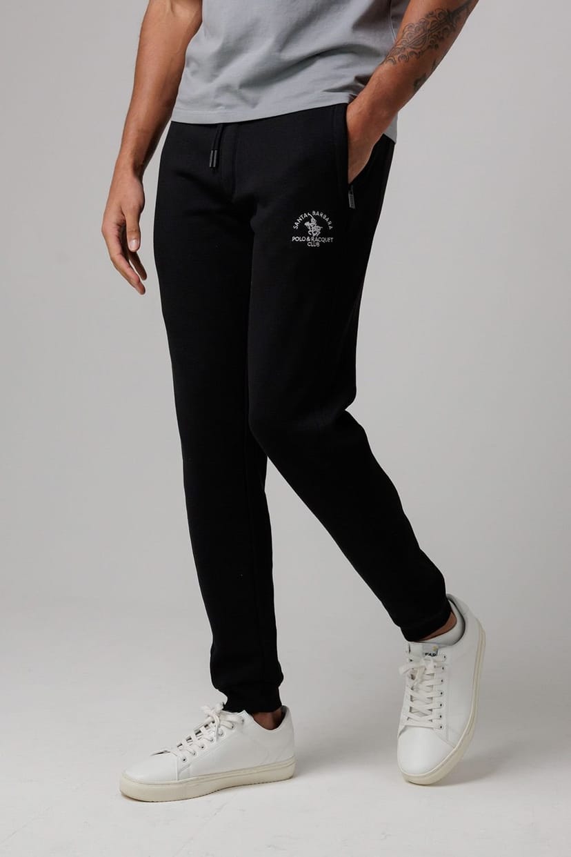 Santa Barbara Polo & Racquet Club Santa Barbara Polo & Racquet Club Men's Cotton Rich Joggers with Ribbed Side Panels & Drawstring Waist in Black - 1