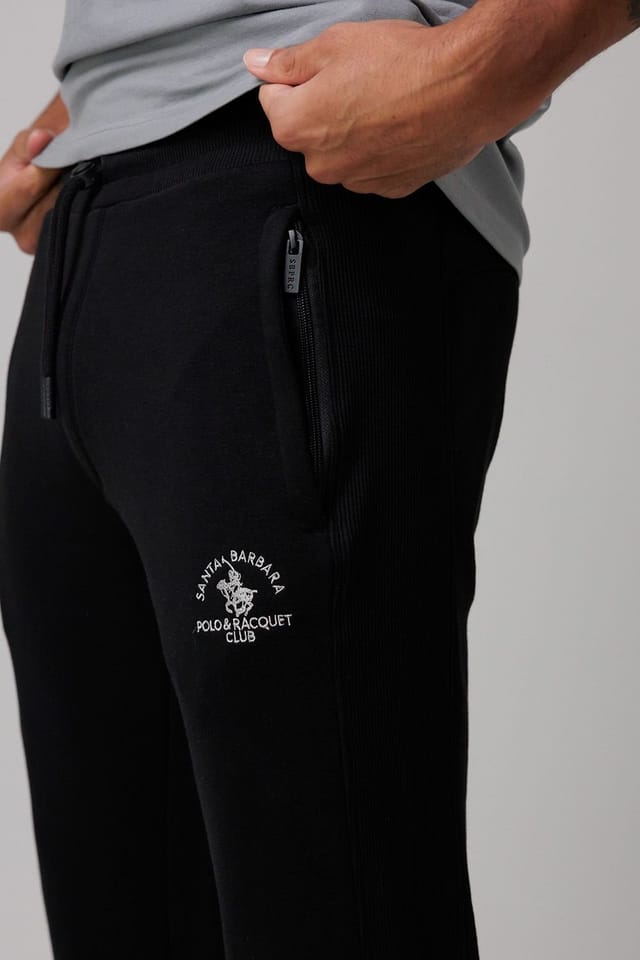 Santa Barbara Polo & Racquet Club Santa Barbara Polo & Racquet Club Men's Cotton Rich Joggers with Ribbed Side Panels & Drawstring Waist in Black - 3