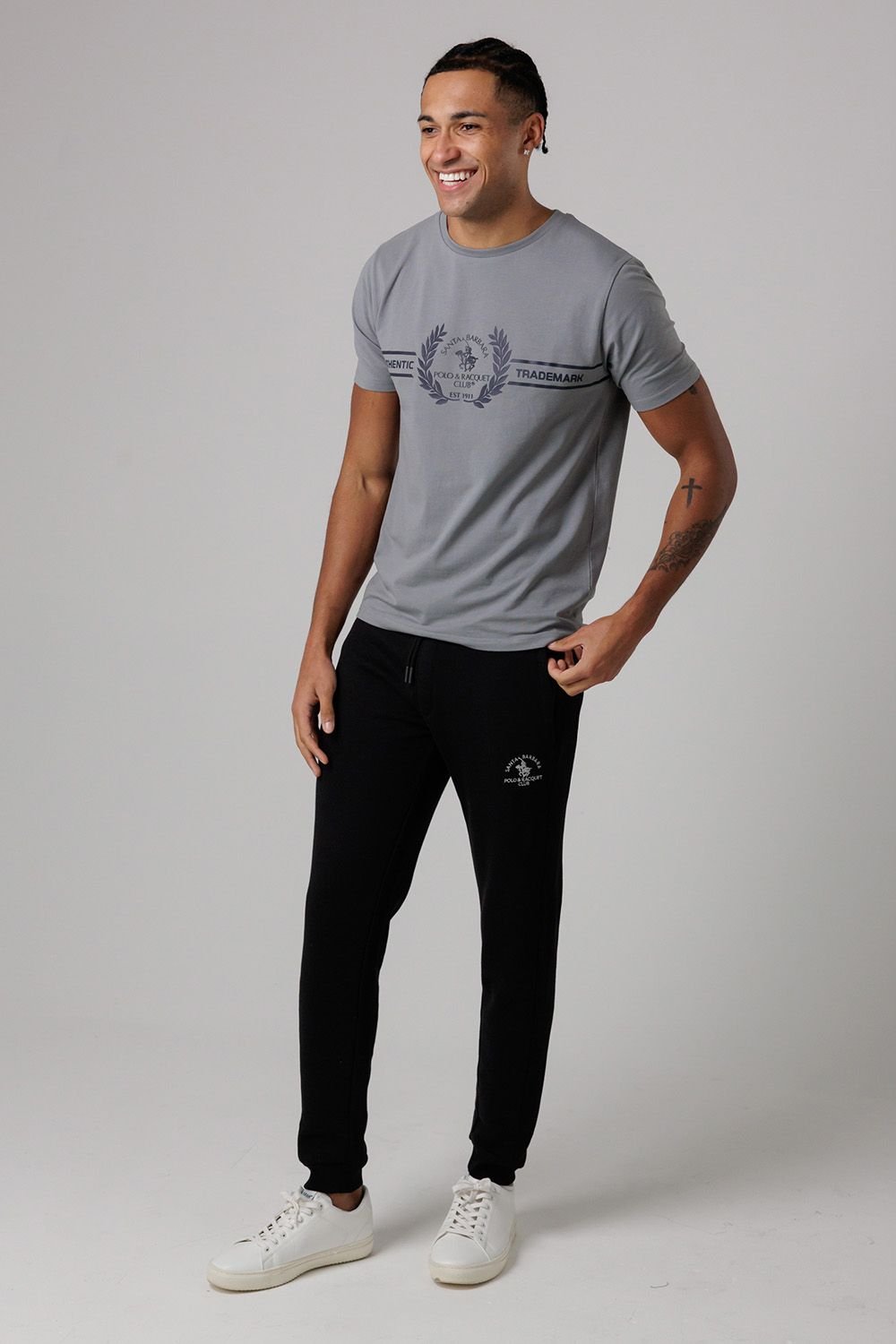 Santa Barbara Polo & Racquet Club Santa Barbara Polo & Racquet Club Men's Cotton Rich Joggers with Ribbed Side Panels & Drawstring Waist in Black - 4