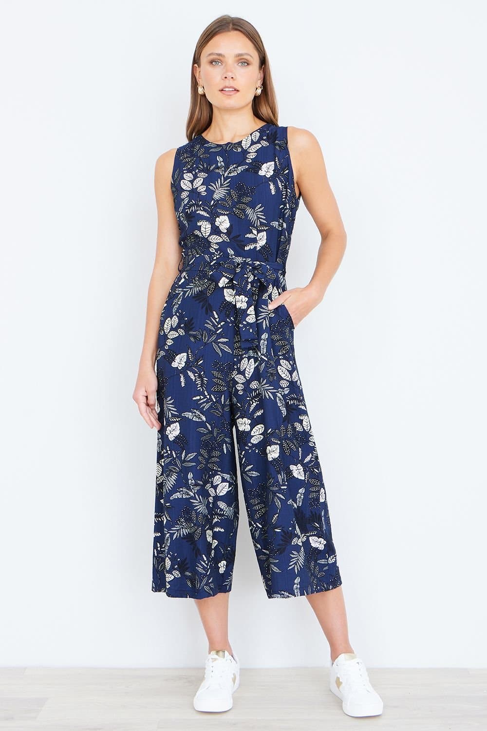 Yumi Yumi Women's Leaf Print Jumpsuit With Pockets in Navy