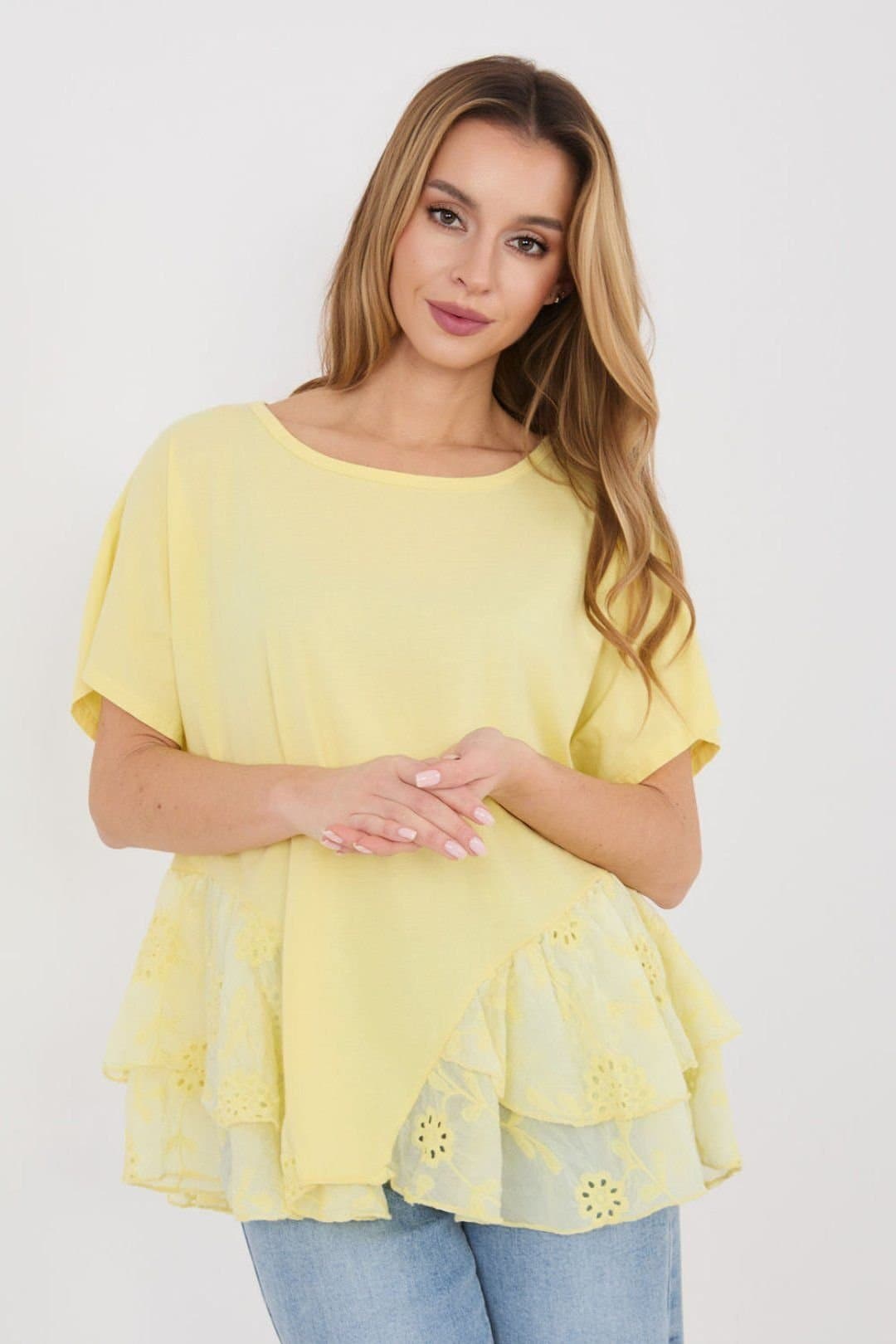 Love Lace Love Lace Yellow Cotton Blouse with Embroidered Flounce