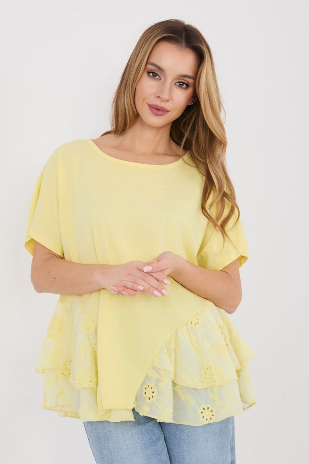 Love Lace Love Lace Women's Daily Cotton Blouse with Embroidered Flounce in Yellow - 1