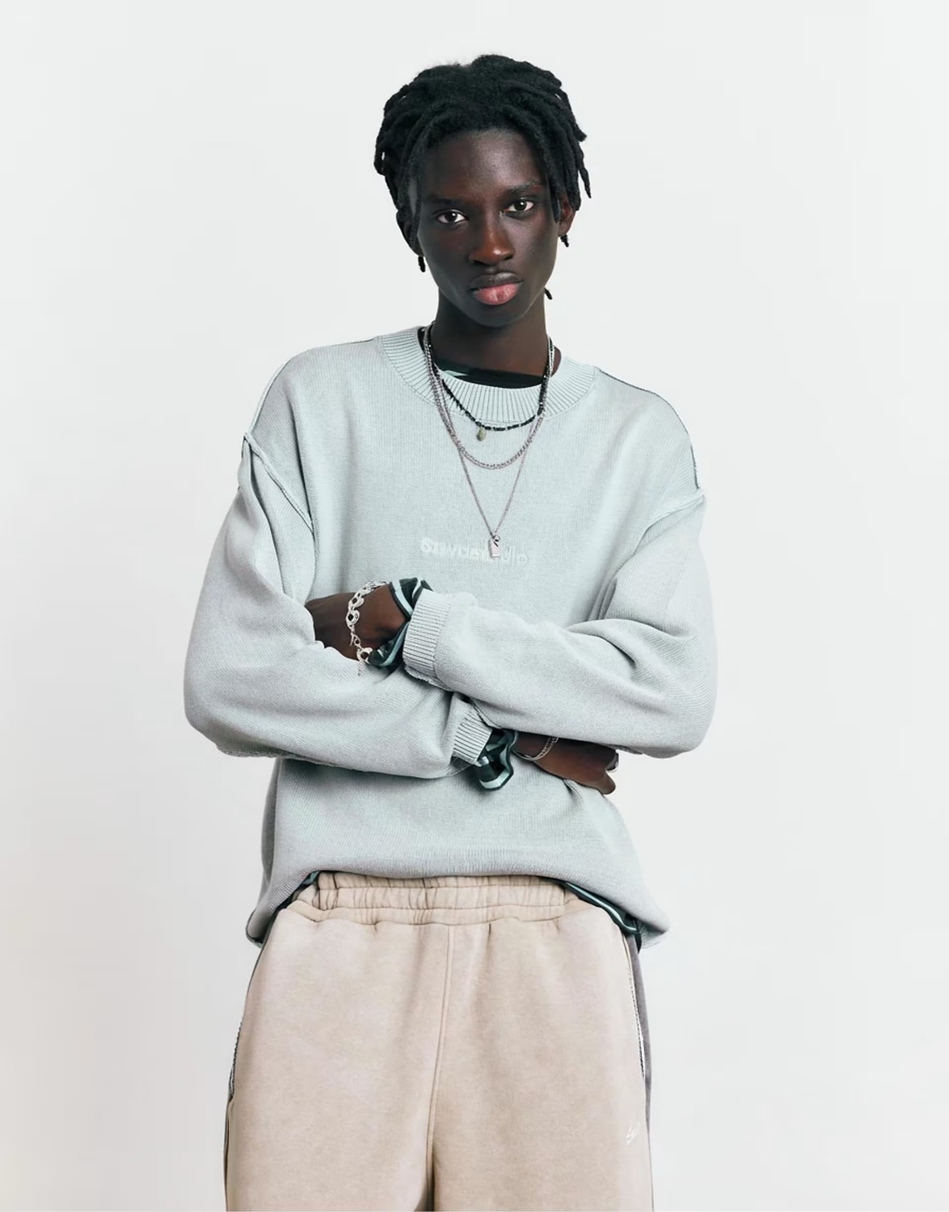ASOS Pull&Bear Stwd studio embroidered jumper in faded blue