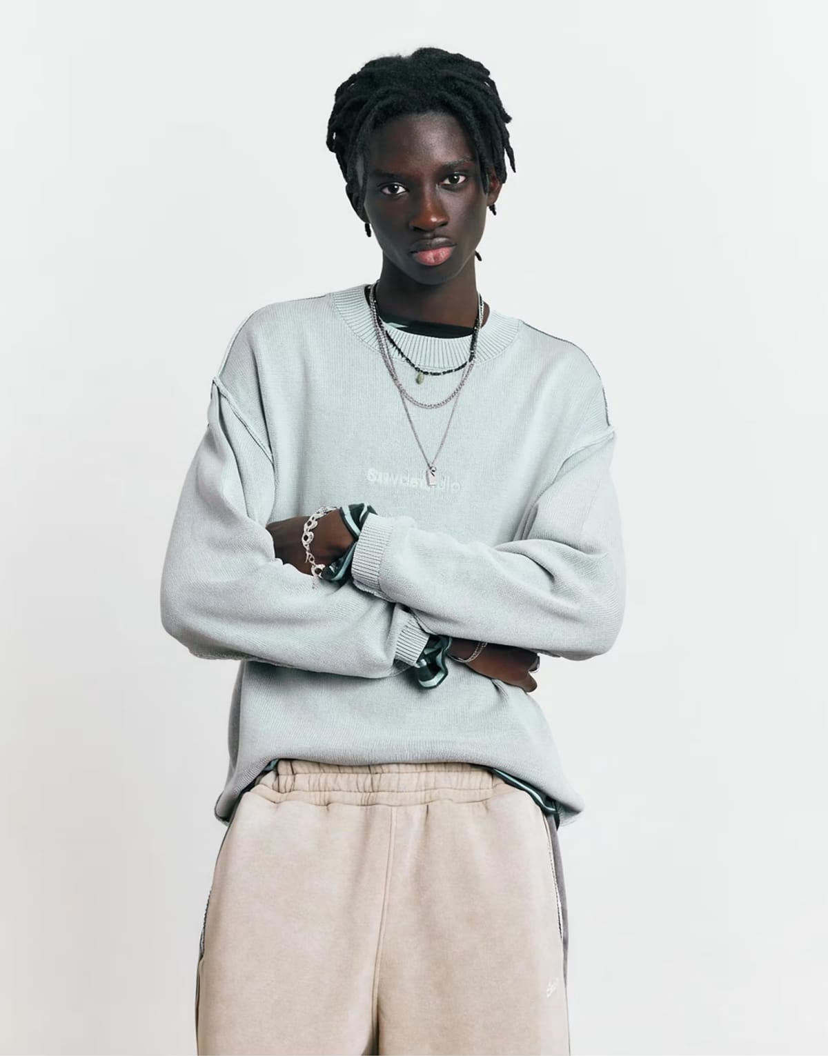 ASOS Pull&Bear Stwd studio embroidered jumper in faded blue - 1