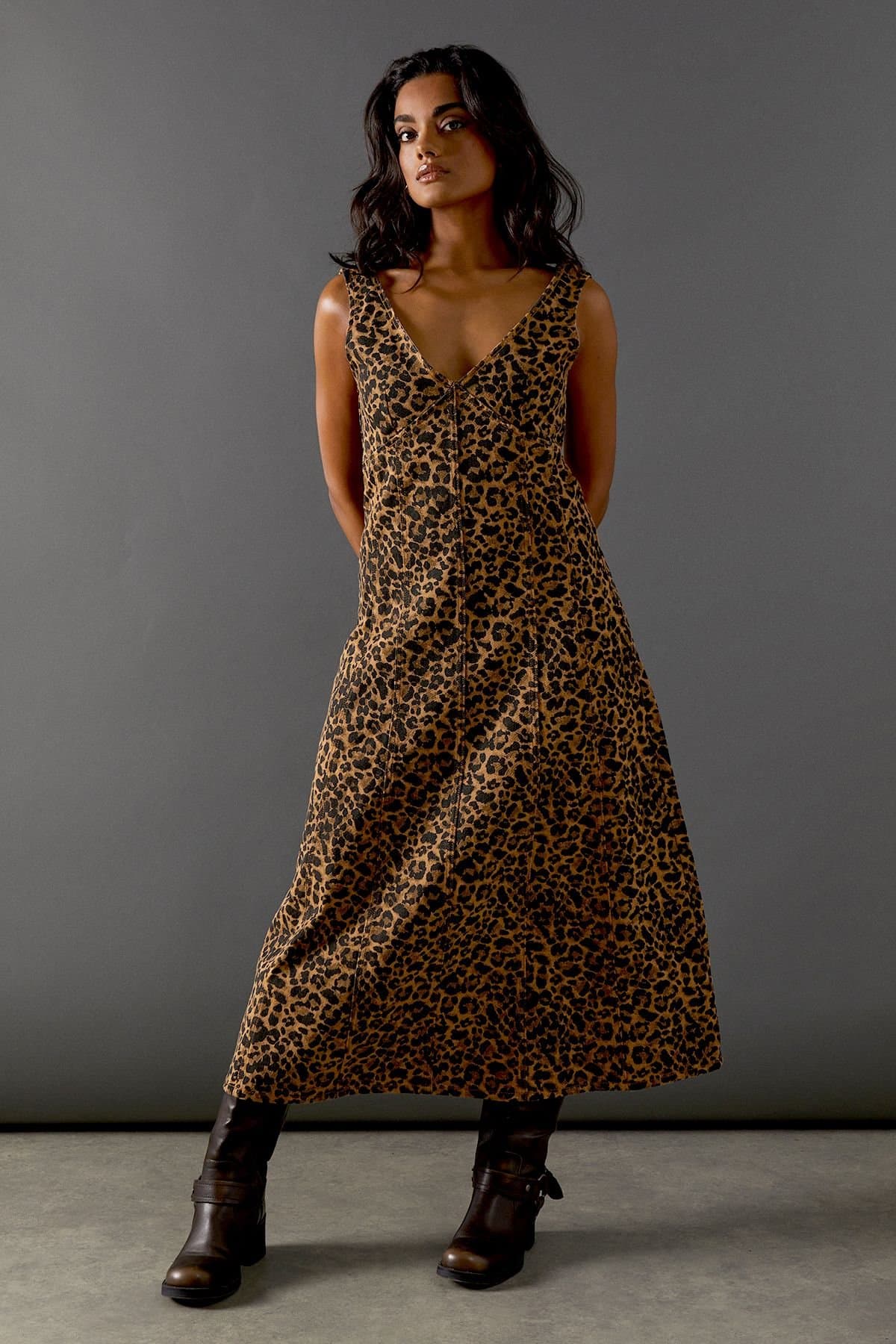 Warehouse Warehouse Women's Animal Denim Seam Detail Sleeveless Midi Dress