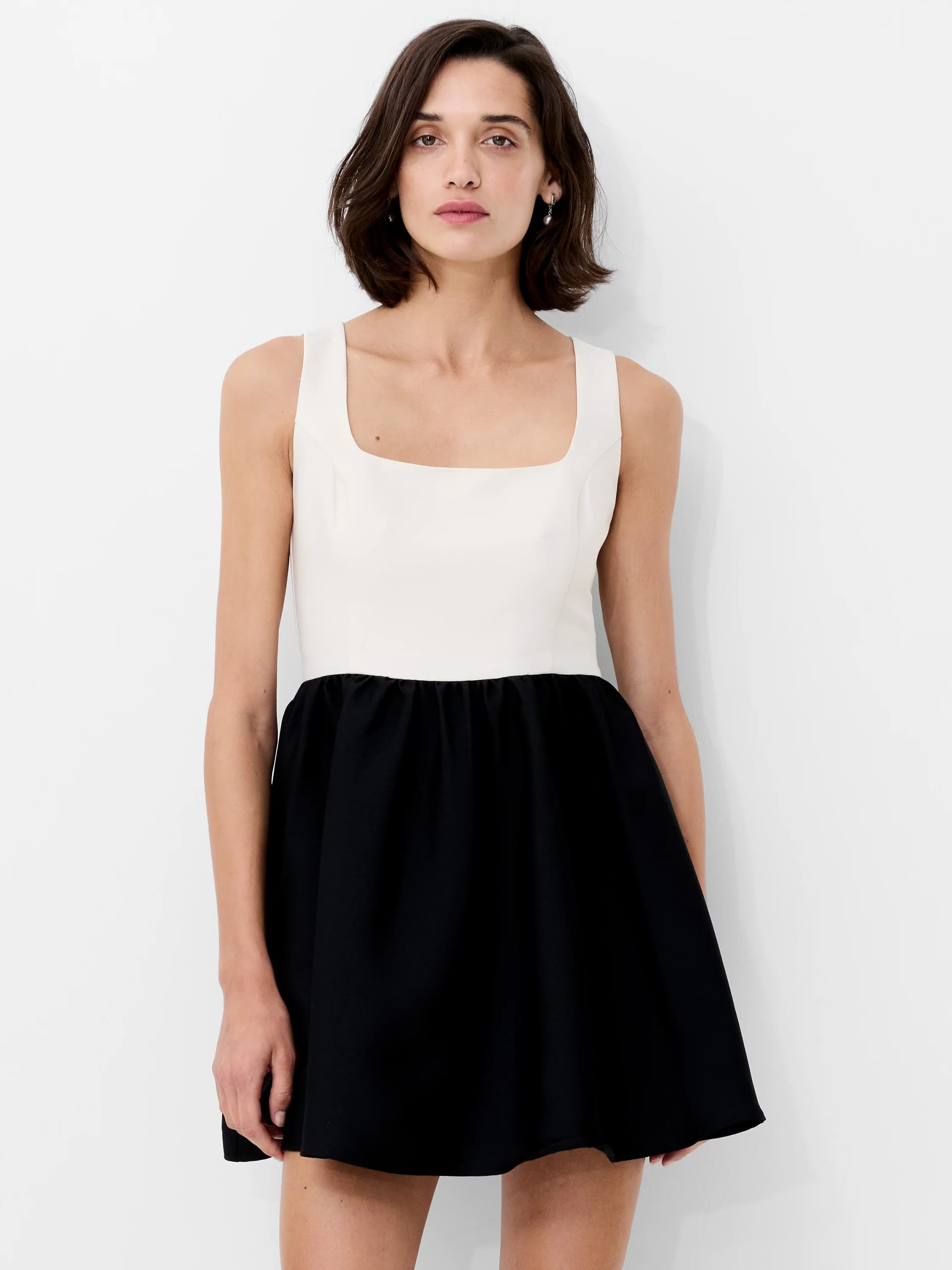 French Connection Structured Square Neck Sleeveless Mini Dress Porcelain Cream/Black