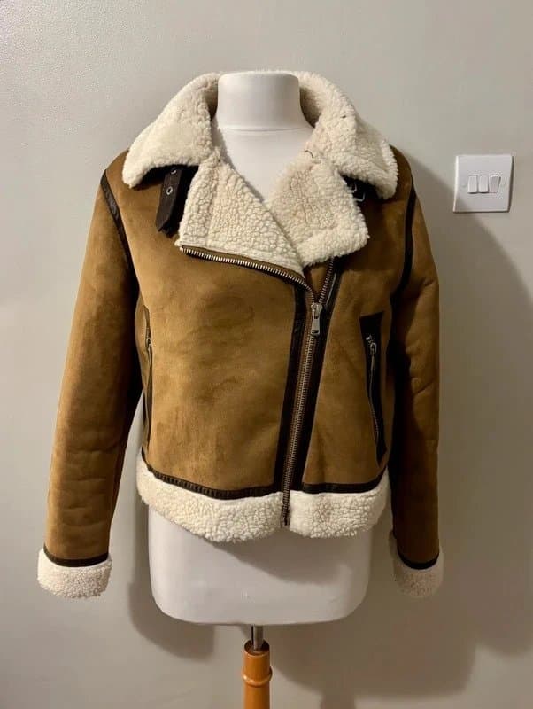 Zara Zara tan brown faux shearling aviator jacket- size L 12