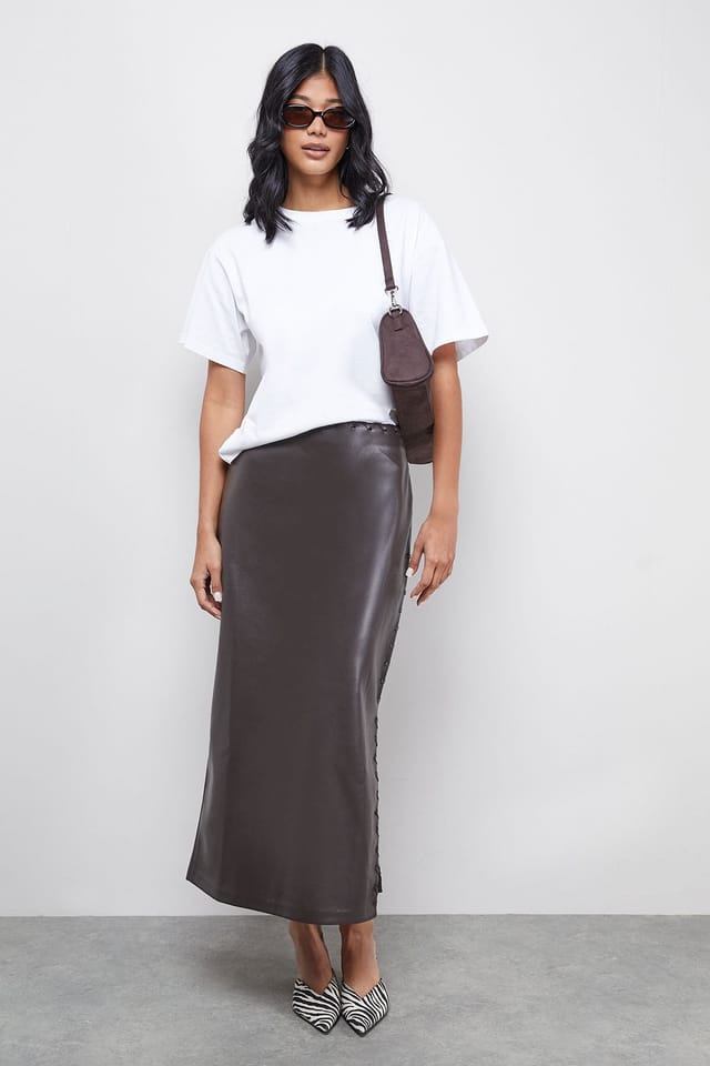 Warehouse Warehouse Women's Faux Leather Whipstitch Detail Midi Skirt in Chocolate - 2