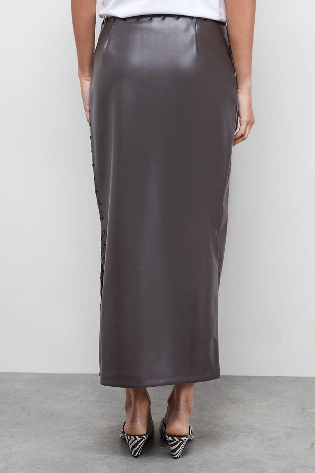 Warehouse Warehouse Women's Faux Leather Whipstitch Detail Midi Skirt in Chocolate - 3