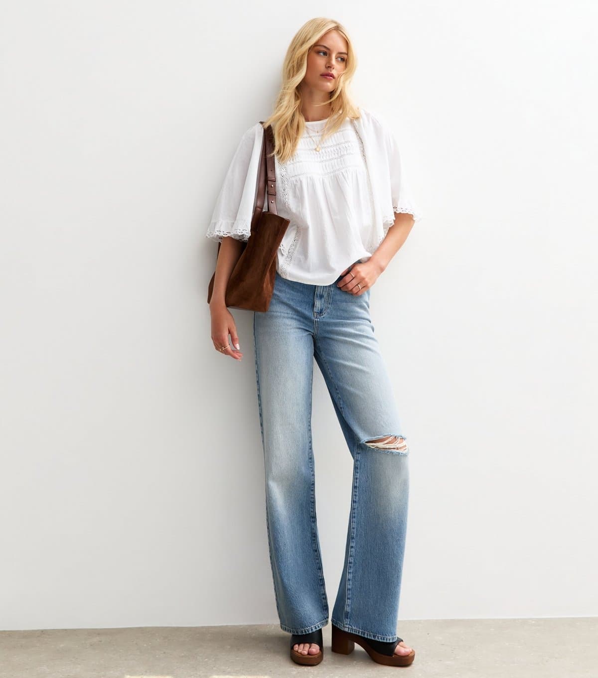 New Look Women's Tall Blue High Waist Ripped Adalae Wide Leg Jeans New Look