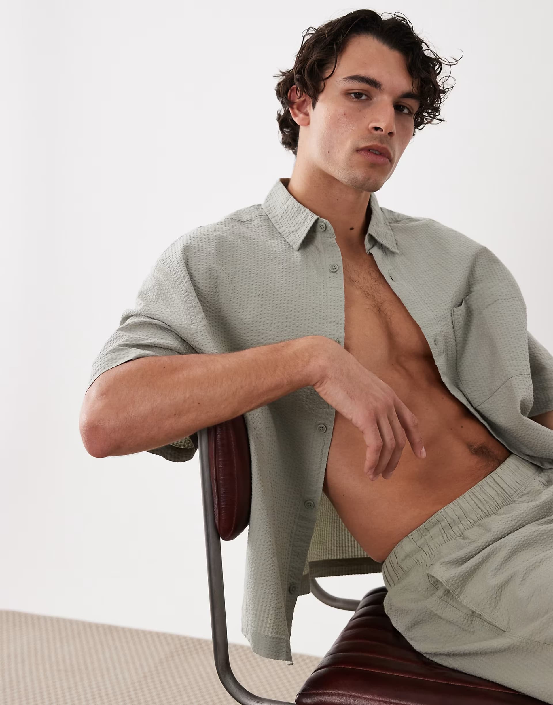 ASOS ASOS DESIGN co-ord boxy oversized seersucker shirt in sage green