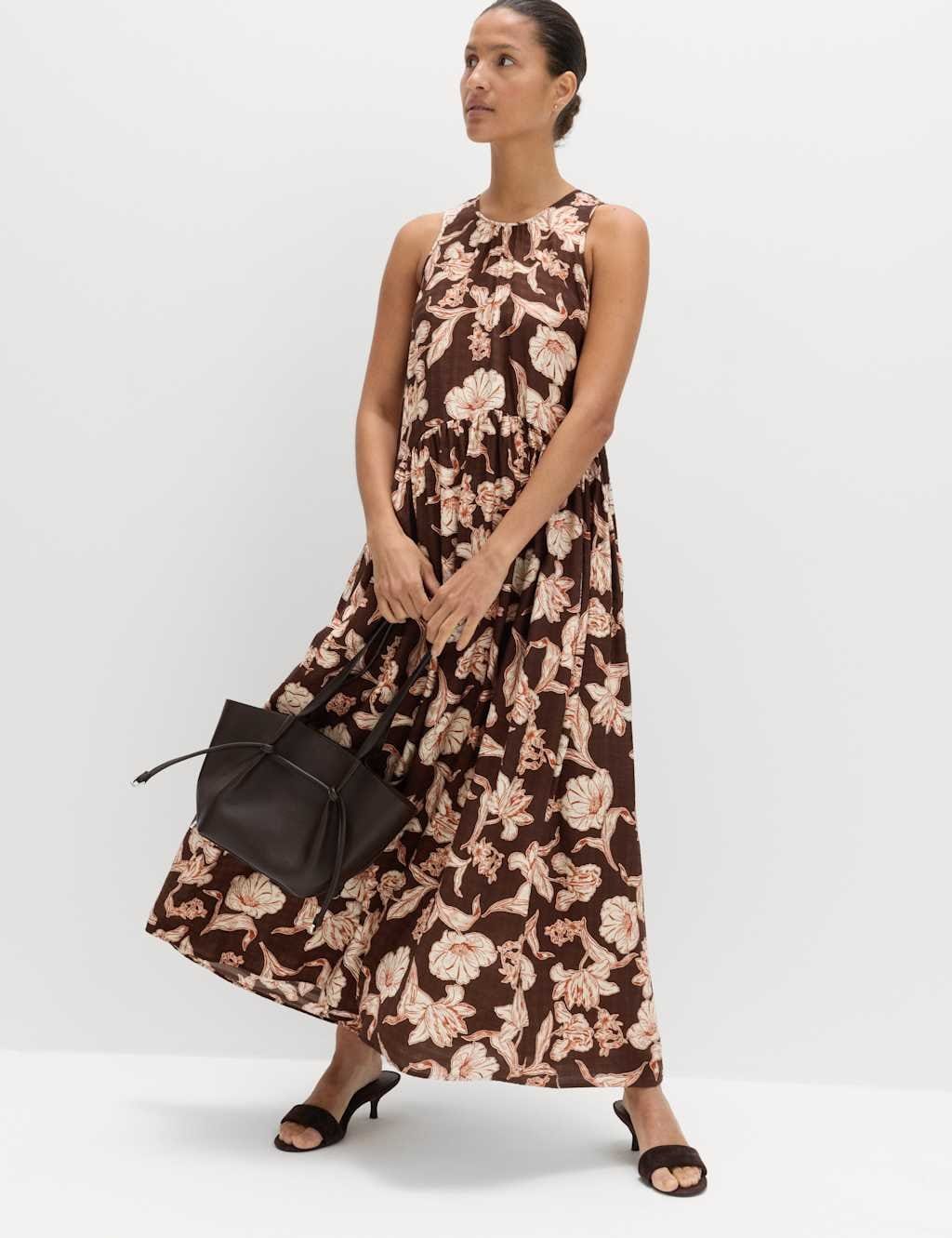 M&S Floral Relaxed Maxi Waisted Dress Chocolate Mix