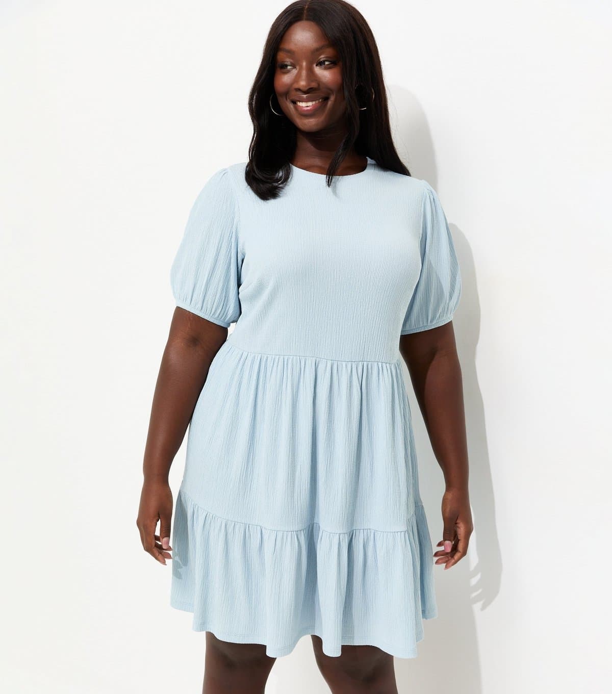 New Look Women's Plus Size Blue Crinkle Texture Tiered Smock Mini Dress Curves New Look