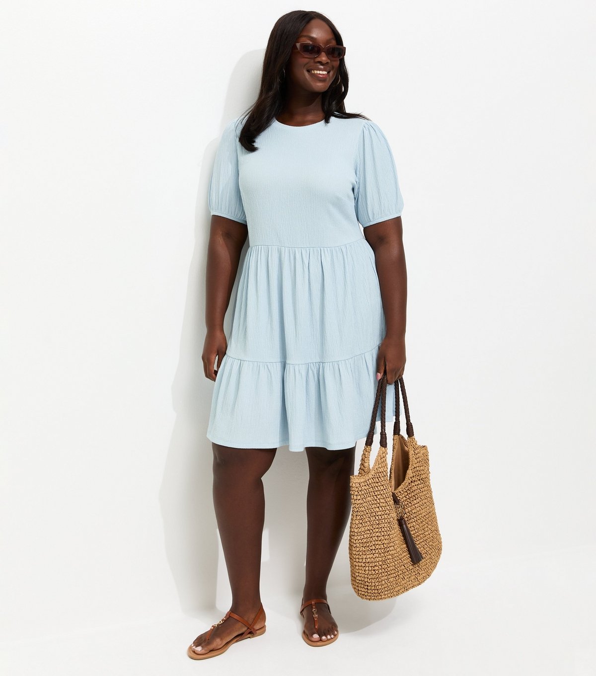 New Look Women's Plus Size Blue Crinkle Texture Tiered Smock Mini Dress Curves New Look - 2