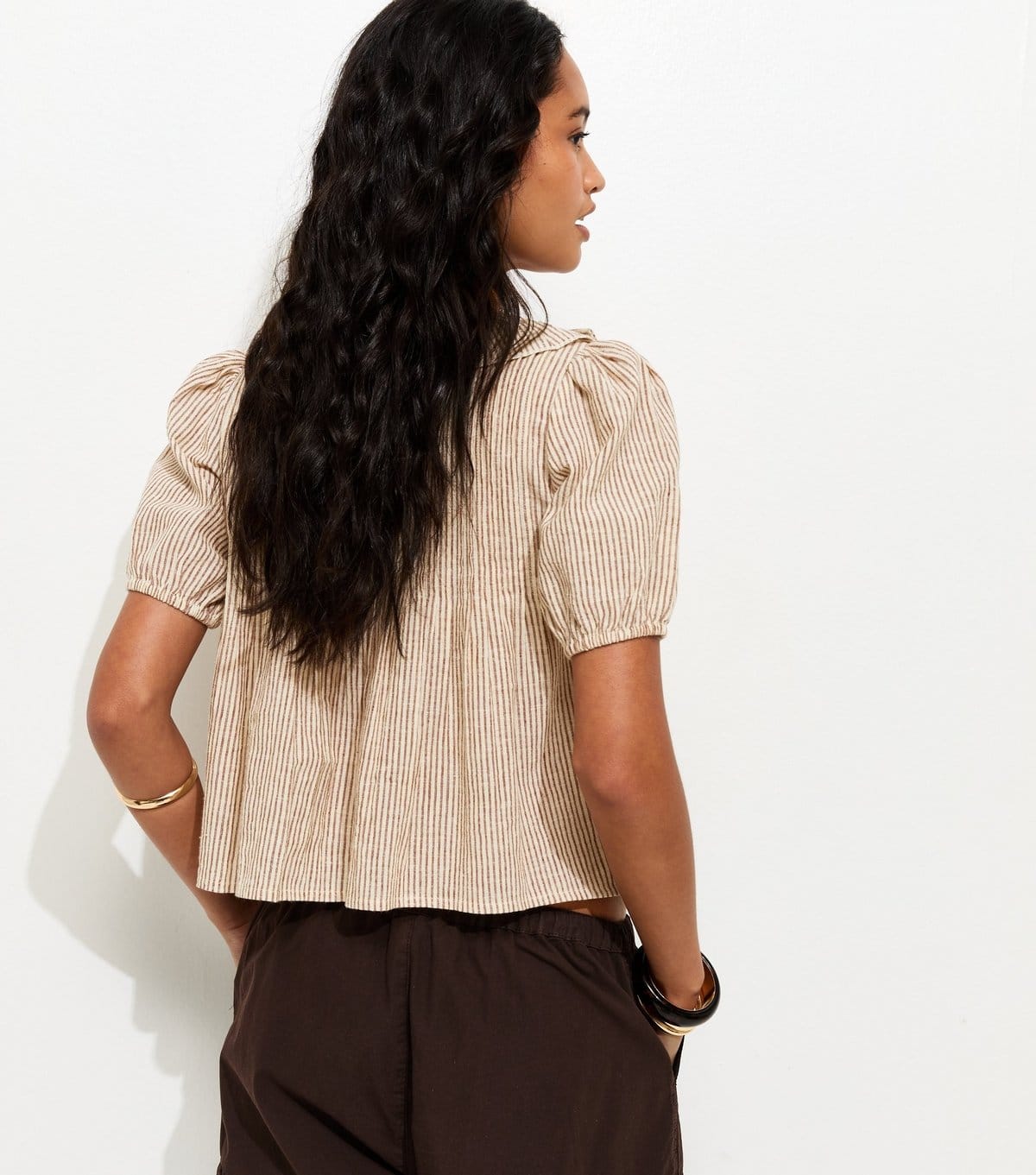 New Look Women's Brown Striped Frill Neckline Blouse New Look - 4