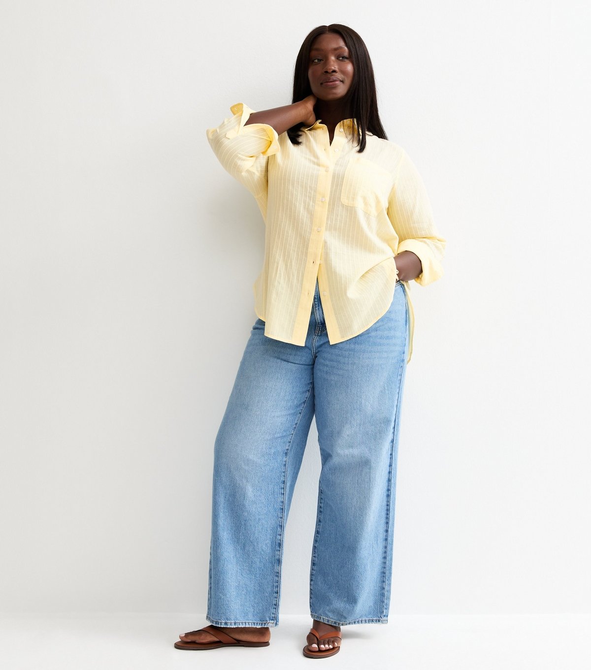 New Look Women's Plus Size Yellow Cotton Striped Shirt Curves New Look - 3