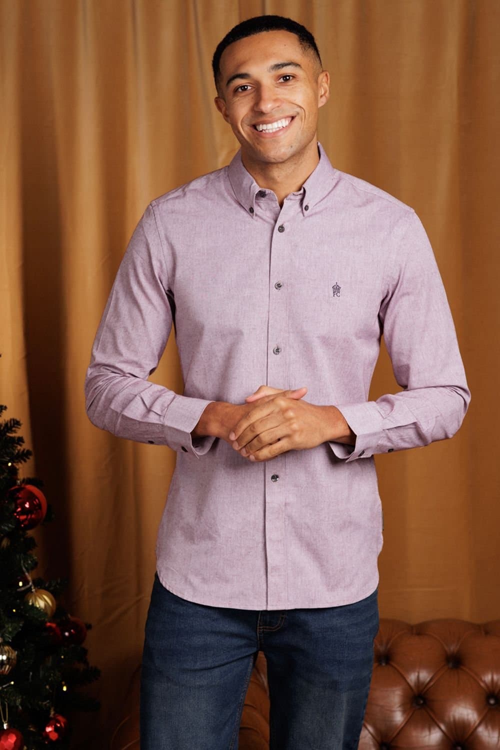 French Connection French Connection Men's Cotton Long Sleeve Oxford Shirt in Burgundy