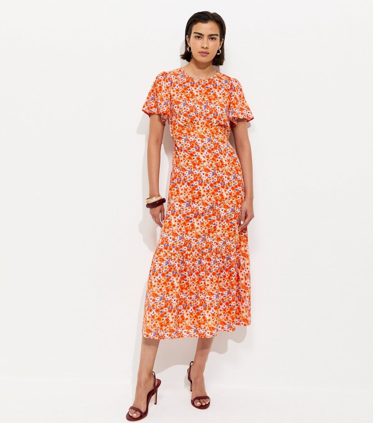 New Look Women's Orange Floral Print Crepe Short Sleeve Midi Dress New Look - 1