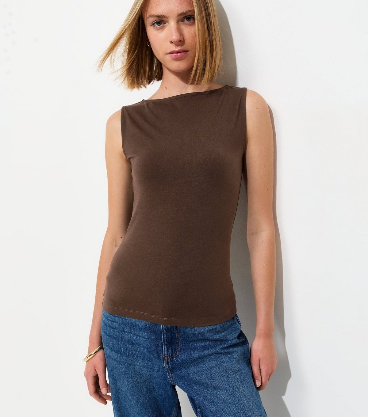 New Look Dark Brown Cotton-Rich Slash Neck Vest Top