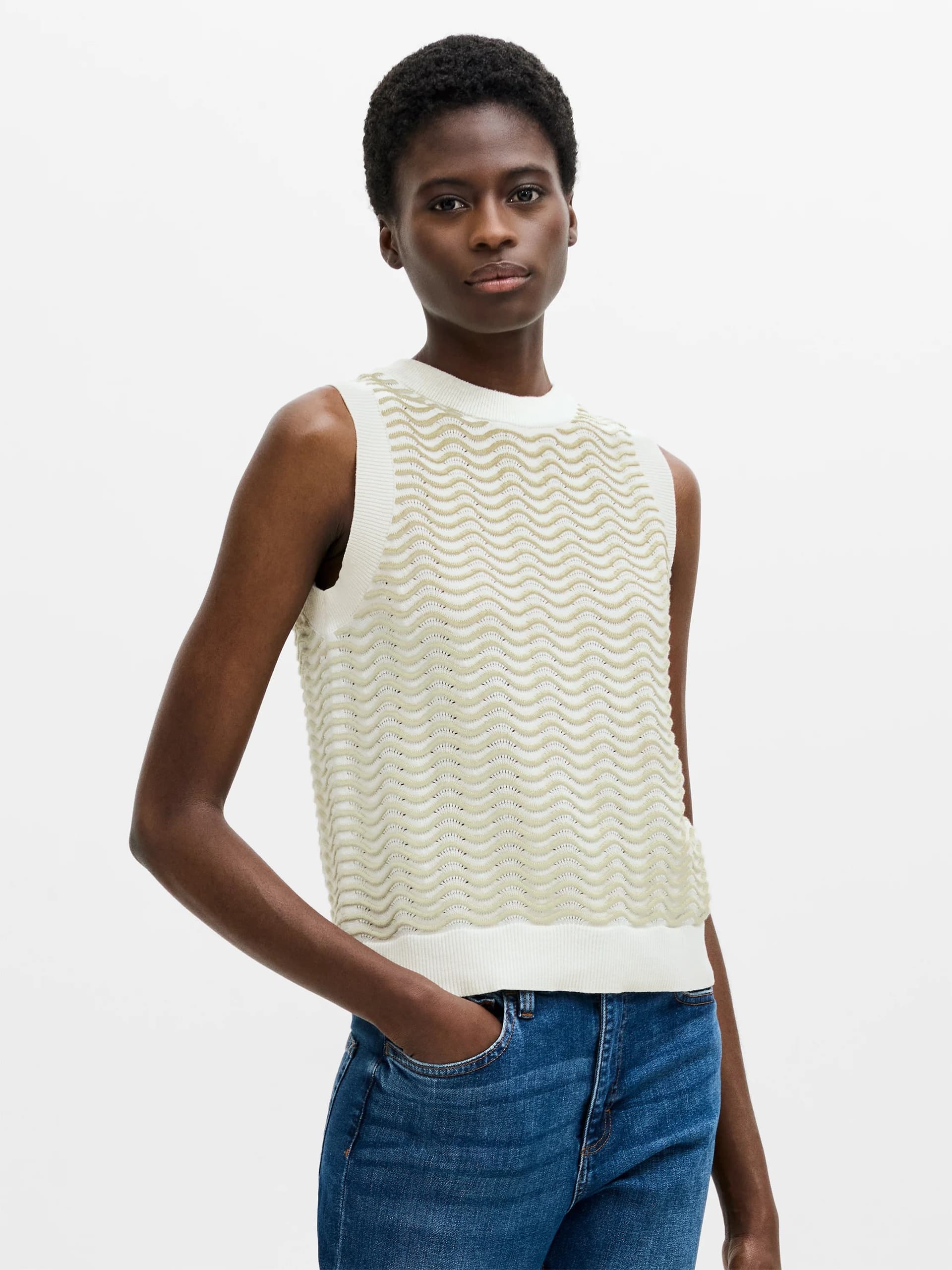 French Connection London Sleeveless Wave Knit Jumper Cream/Pistachio