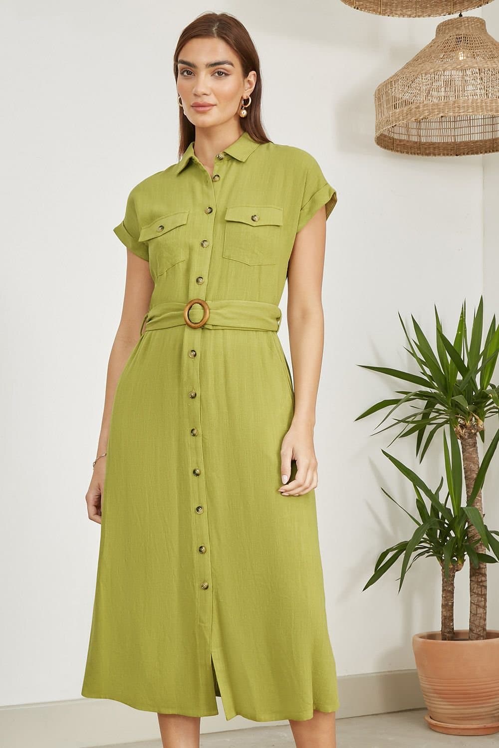 Yumi Yumi Women's Green Viscose Linen Look Midi Shirt Dress With Wooden Belt in Light Green