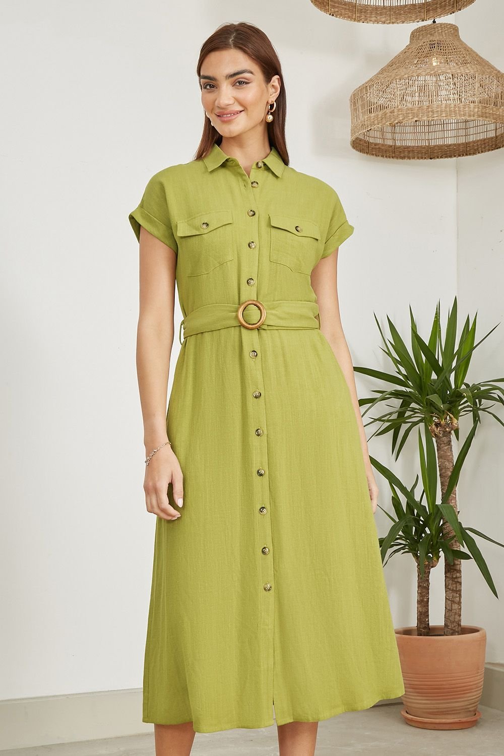 Yumi Yumi Women's Green Viscose Linen Look Midi Shirt Dress With Wooden Belt in Light Green - 2