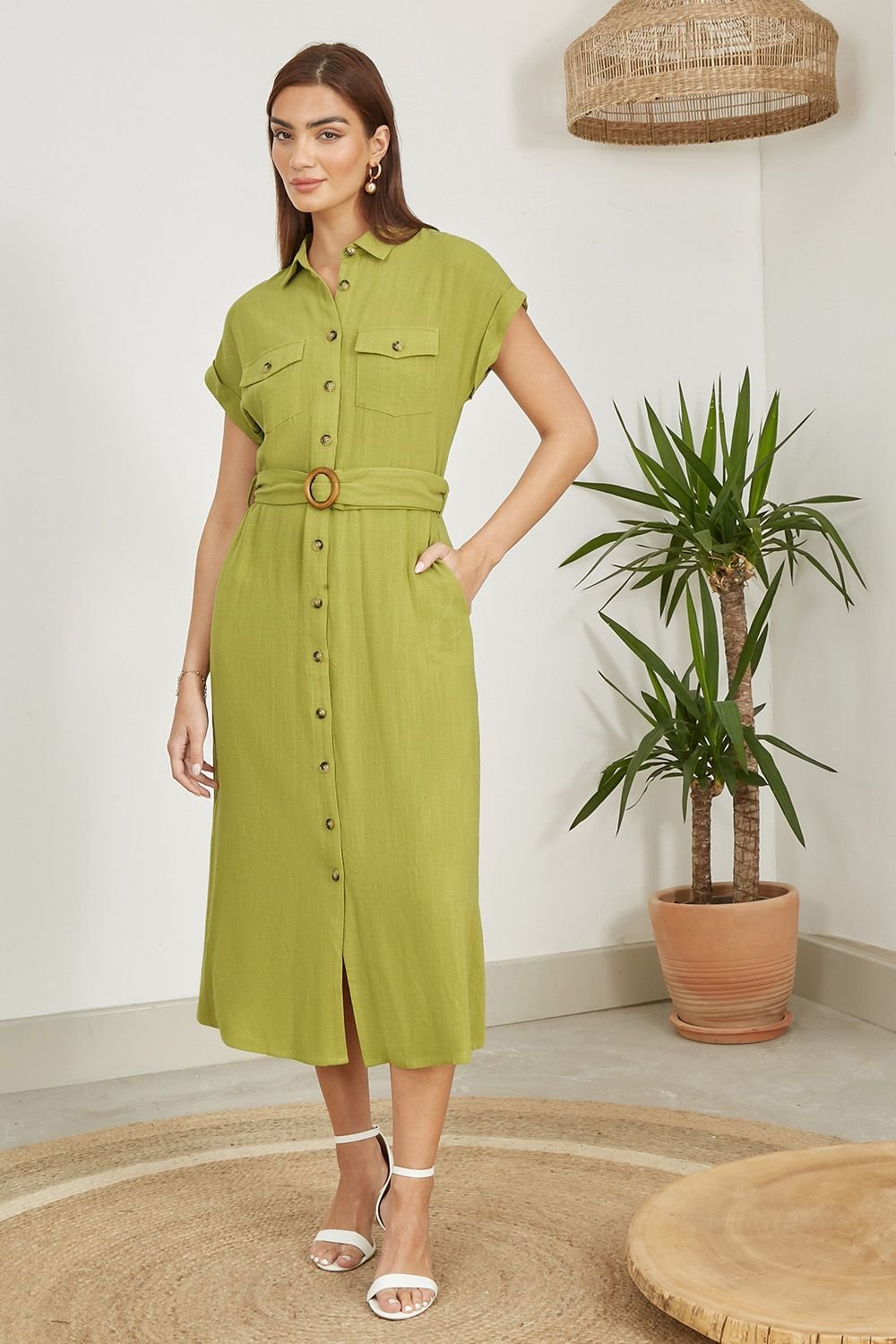 Yumi Yumi Women's Green Viscose Linen Look Midi Shirt Dress With Wooden Belt in Light Green - 3