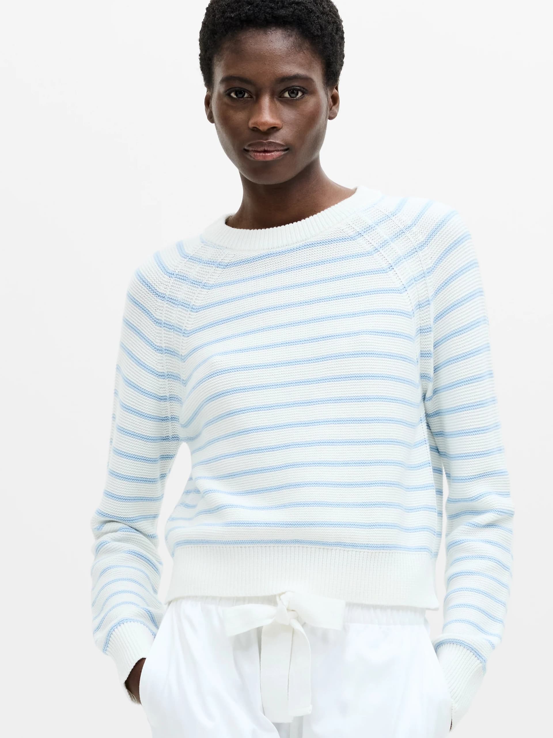 French Connection Lily Mozart Long Sleeve Striped Jumper White/Sky Blue