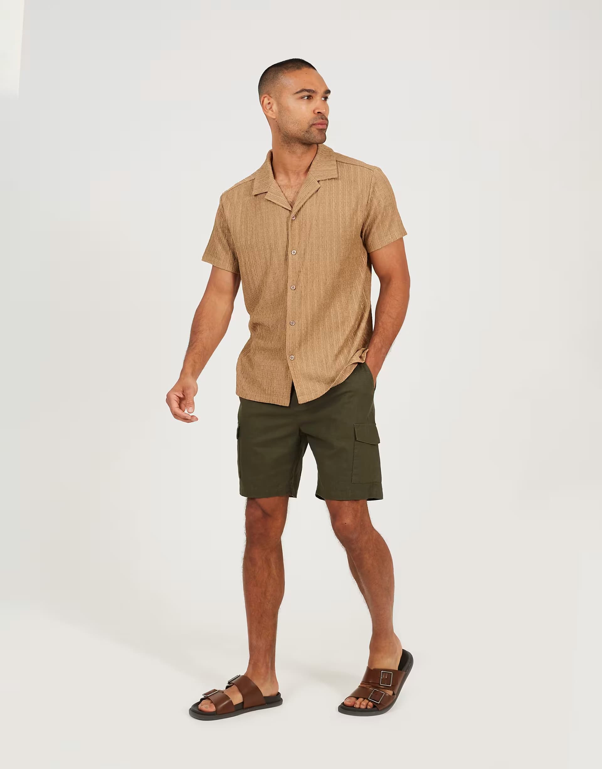 ASOS Brave Soul Regular fit revere collar button-up shirt in tan