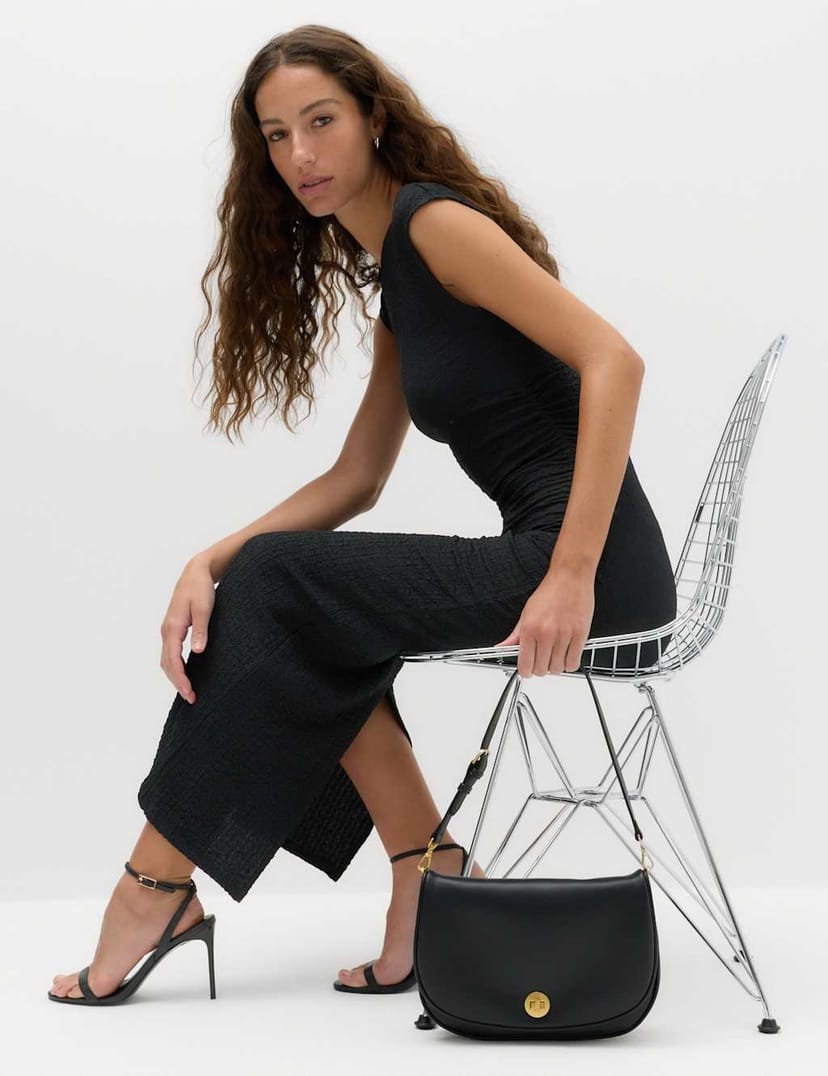 Marks & Spencer M&S Textured Round Neck Midi Bodycon Dress Black - 1