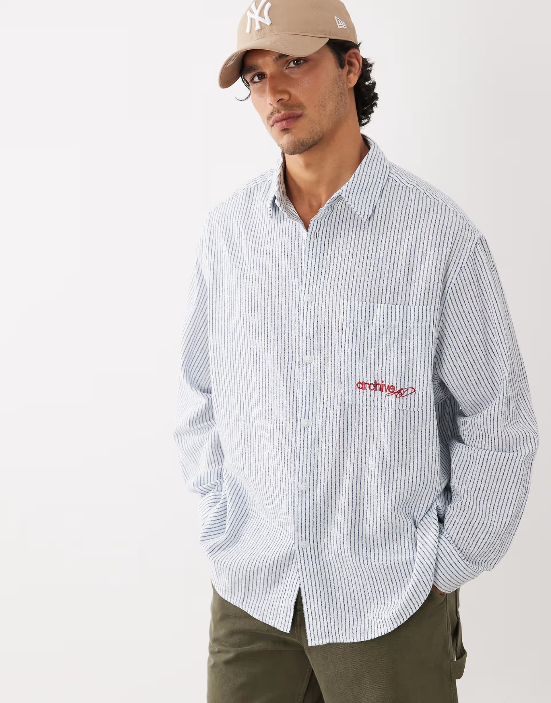ASOS ASOS DESIGN oversized stripe shirt with chest embroidery in white
